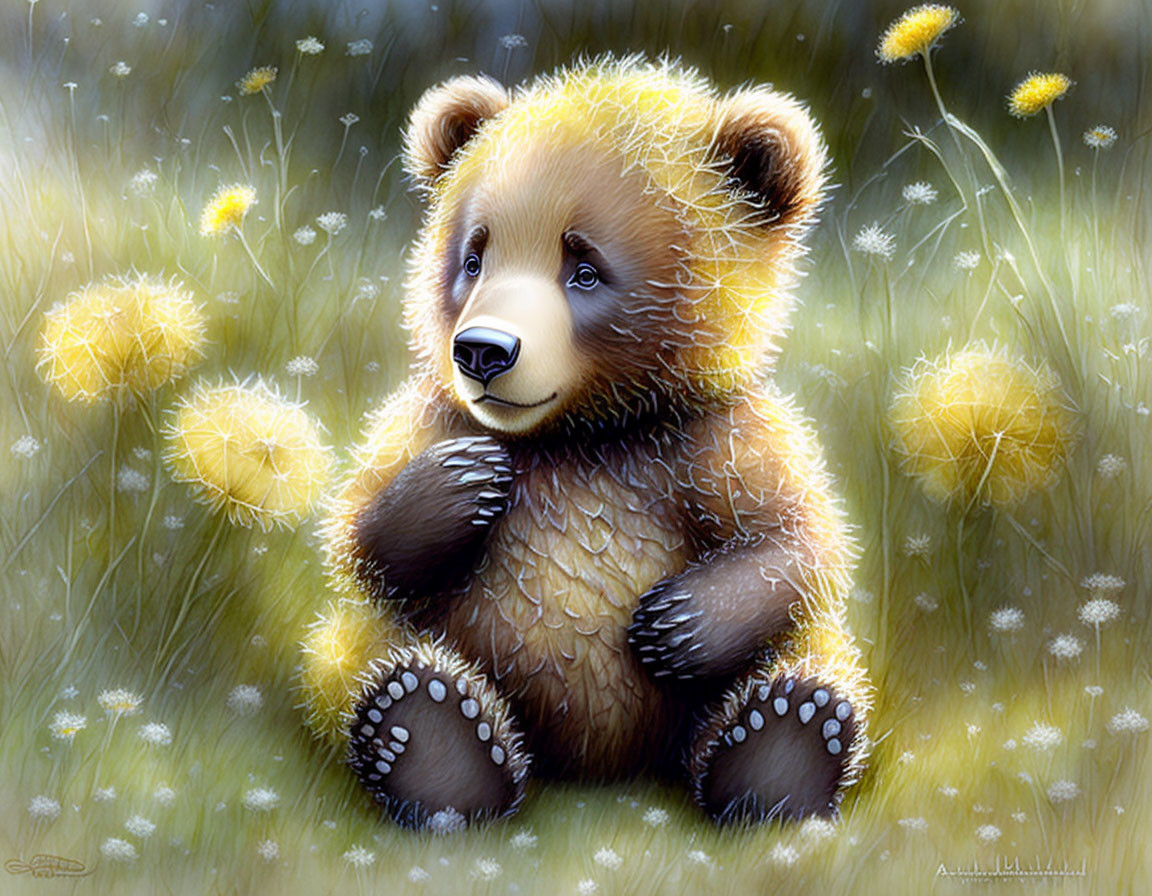 Fluffy bear cub in sunlit dandelion field