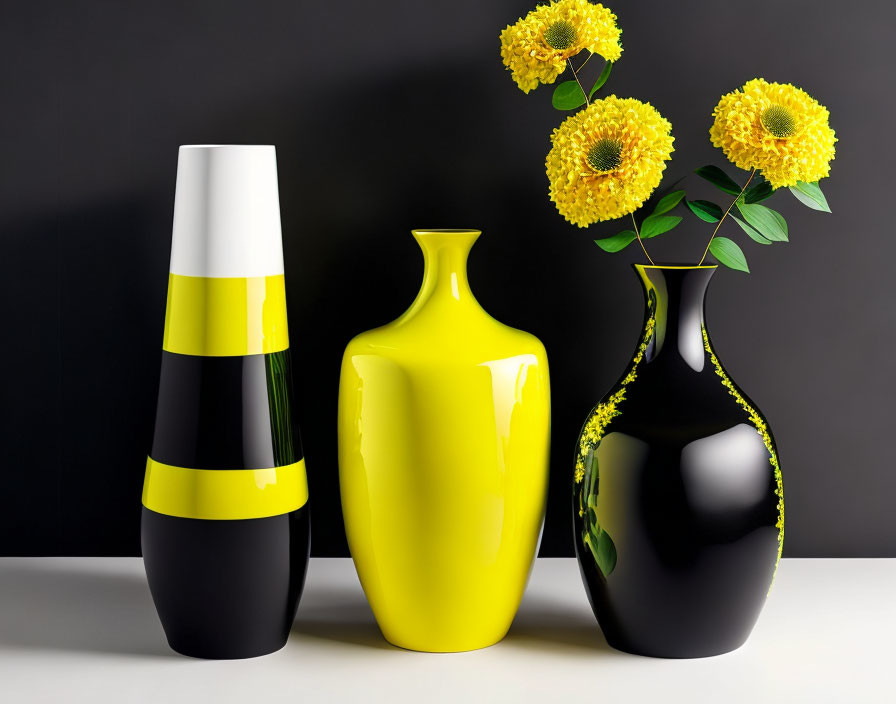 Modern black and yellow vases with flowers on black and white backdrop