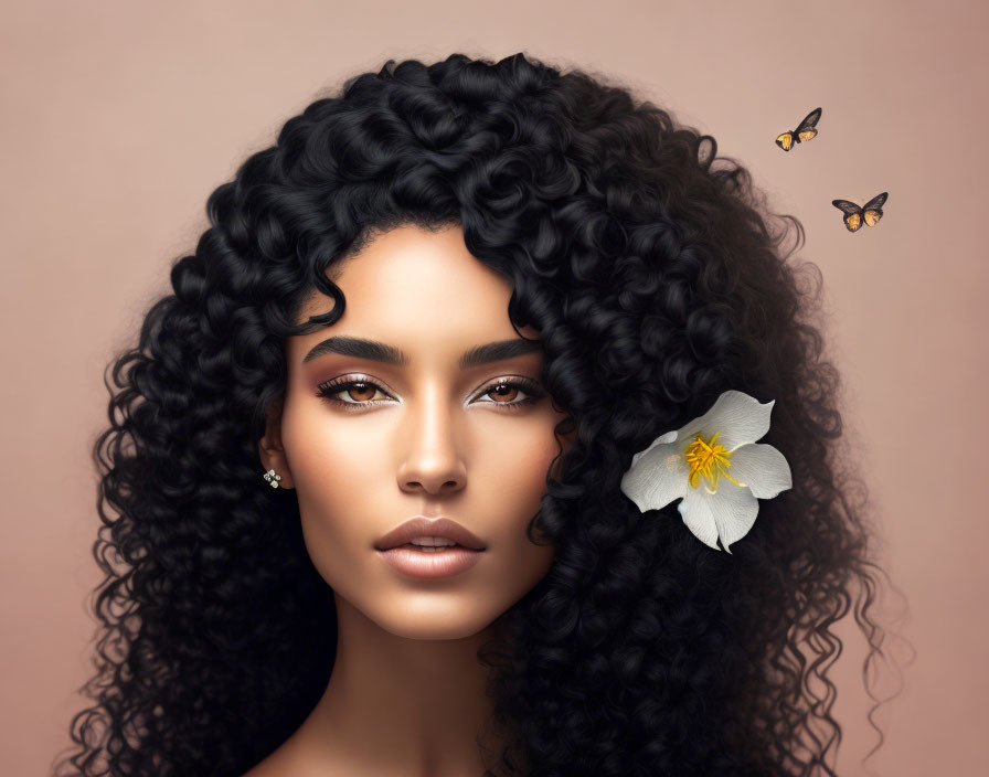 Curly Black Hair Woman with White Flower and Butterflies on Pink Background