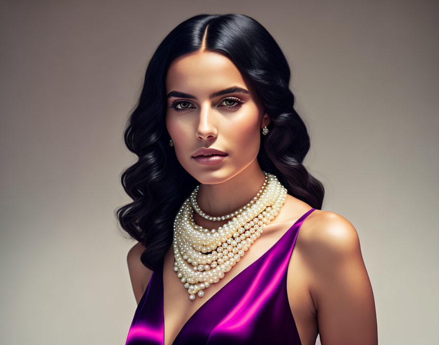 Dark-haired woman in purple satin dress with pearl jewelry on neutral backdrop