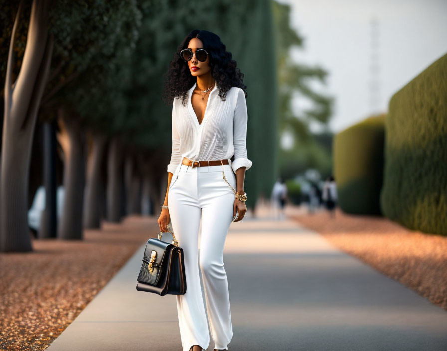 Fashionable woman in white outfit with sunglasses and black handbag strolling on tree-lined path