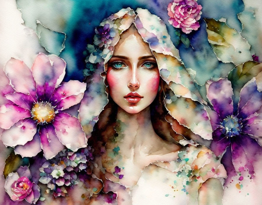 Blue-eyed woman's face in watercolor with floral hair and background