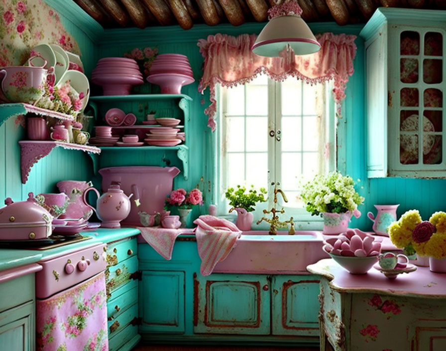 Vintage Kitchen with Turquoise Cabinets & Floral Patterns