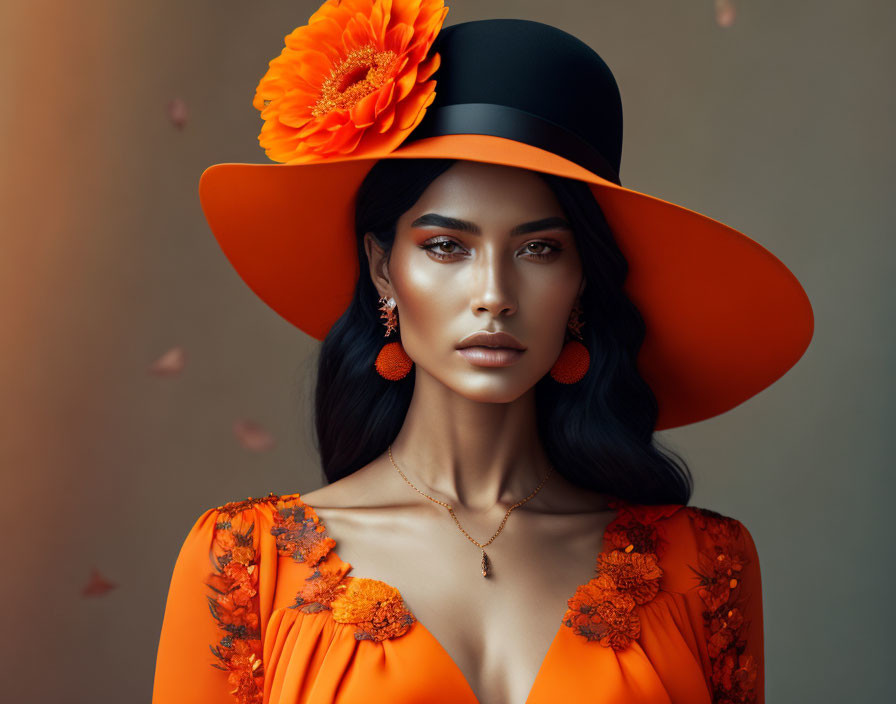 Woman with black hair, orange dress, and flower hat.