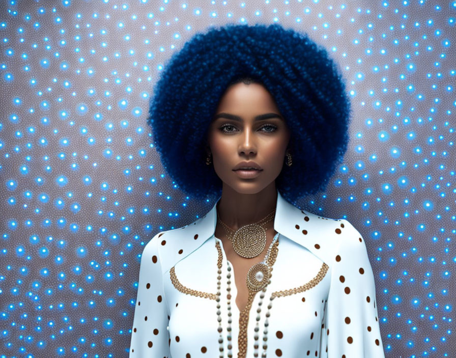 Digital artwork: Woman with blue afro, white outfit, golden necklace on blue backdrop