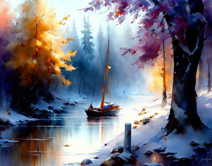 Tranquil winter landscape with sailboat on river in snow-covered setting