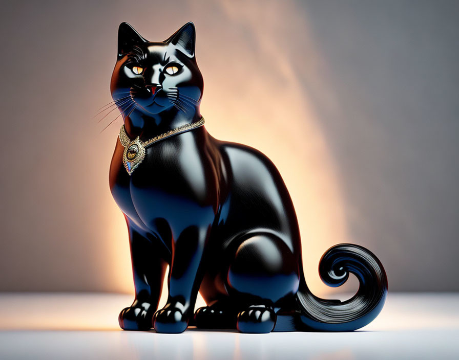 Stylized ceramic cat sculpture with black and white coat and golden necklace