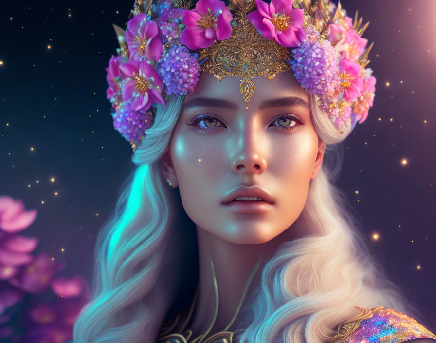 Ethereal woman with golden floral crown in starry setting