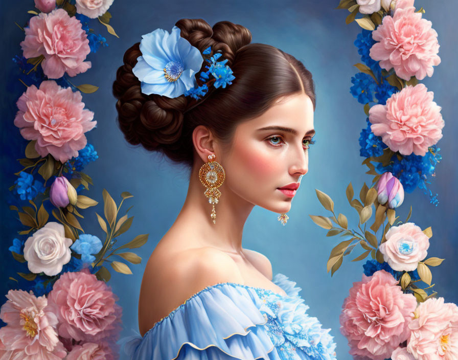 Portrait of woman with dark hair, blue flowers, gold earrings, blue dress, surrounded by pink and