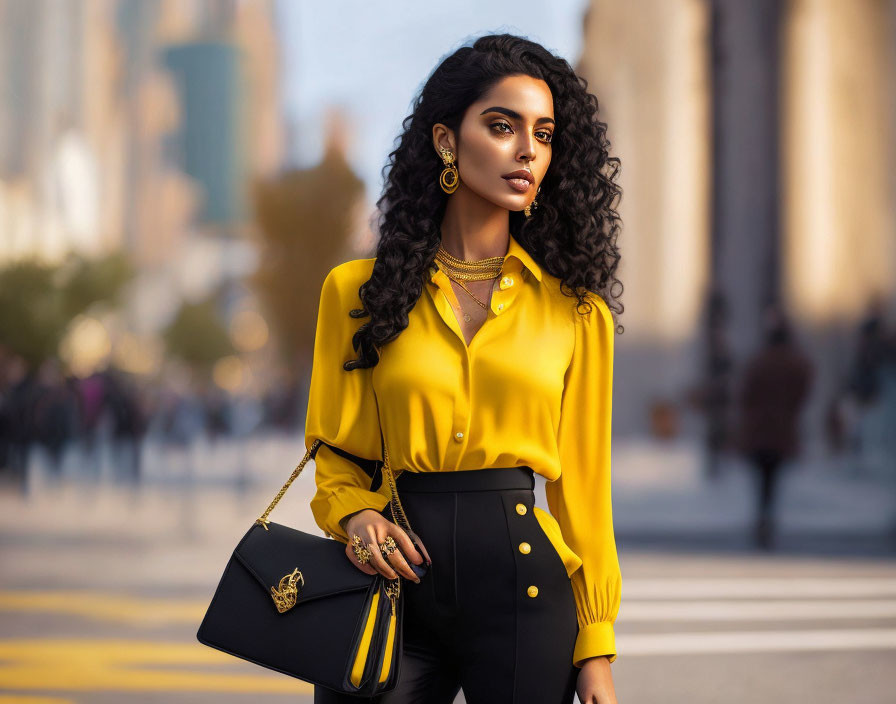 Curly-haired woman in yellow blouse on city street with pedestrians.