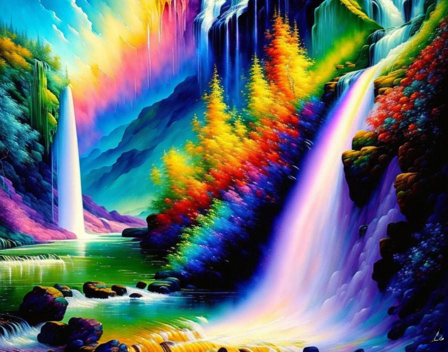 Colorful Fantasy Landscape with Waterfalls, River, and Trees