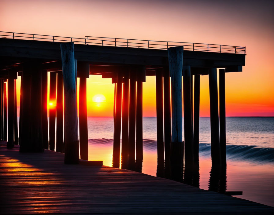 Scenic sunset view under pier with large pillars and orange glow.