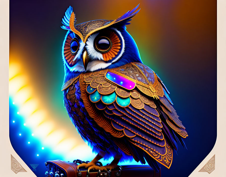 Colorful Owl Illustration with Intricate Patterns and Neon Accents