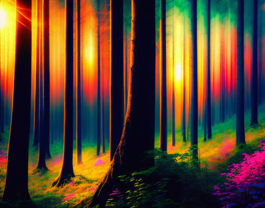 Colorful forest scene with tall trees and sunlight creating a spectrum.