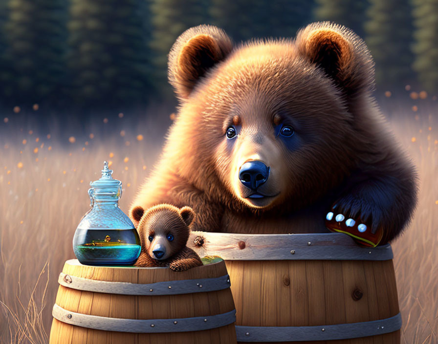 Large Brown Bear Artwork with Cub and Potion Bottle on Barrel