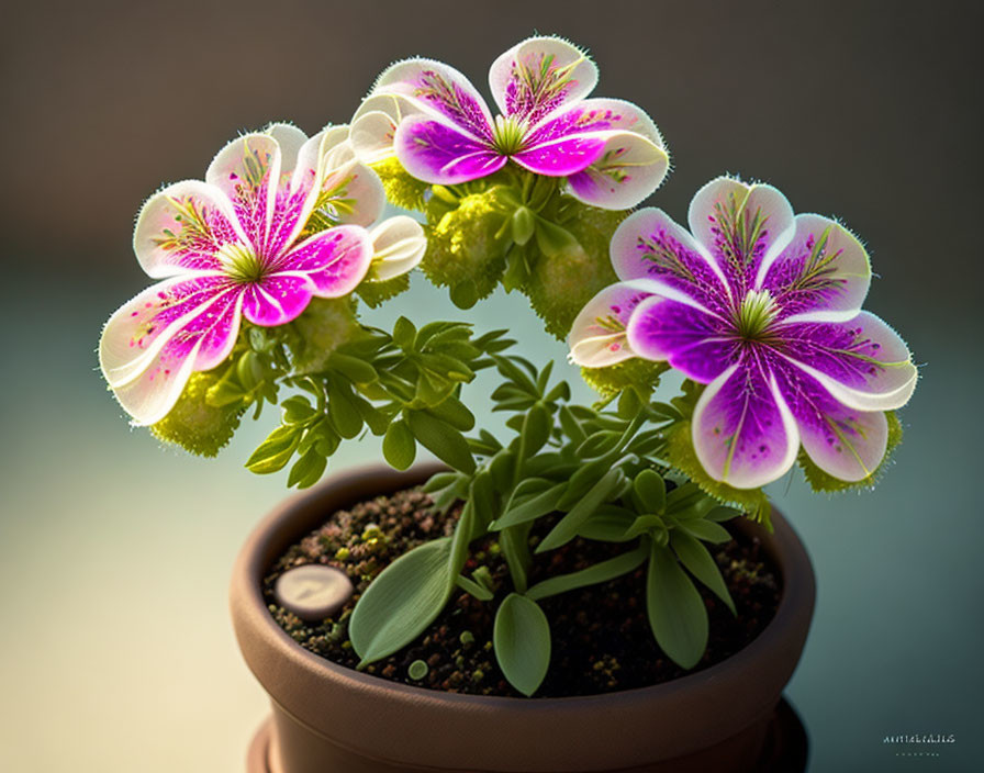 Pelargonium 'Frank Headley' flowers: White to pink gradient, symmetrical purple veins