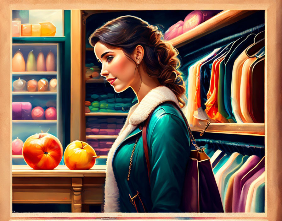 Side profile of woman in green jacket by window with colorful racks and fruit shelves