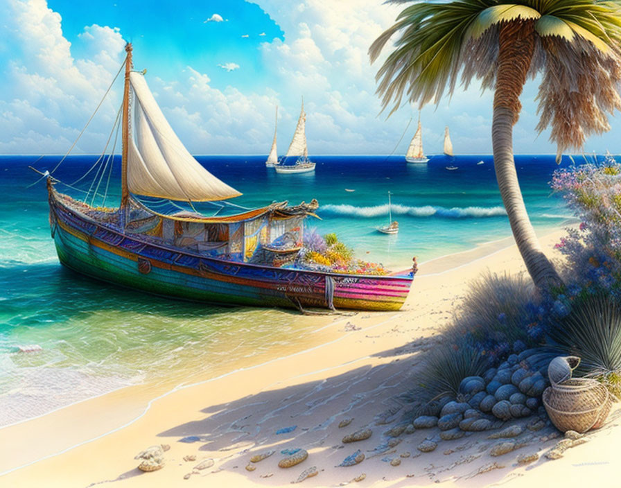 Colorful sailboat beached on tropical shore with palm trees and distant sailboats