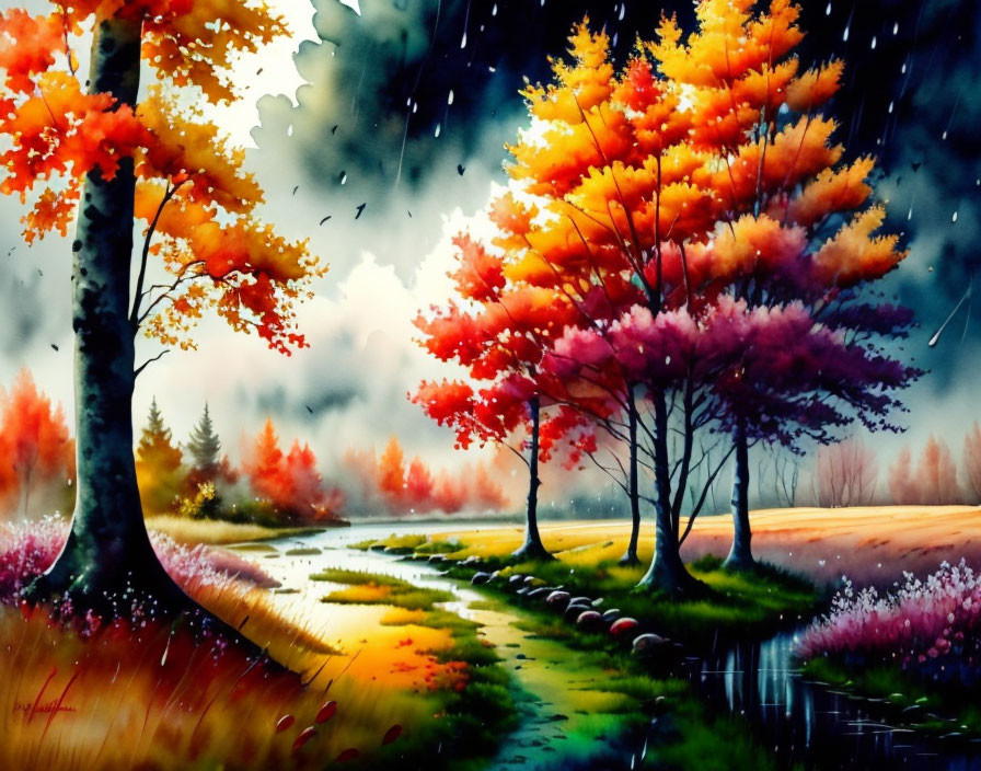 Colorful Autumn Landscape with Stream and Mystical Fog