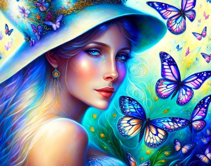 Colorful woman with hat and butterflies in blue and purple palette