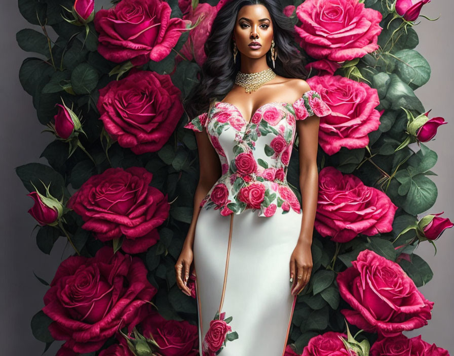 Woman in Floral Dress Surrounded by Red Roses and Elegant Jewelry