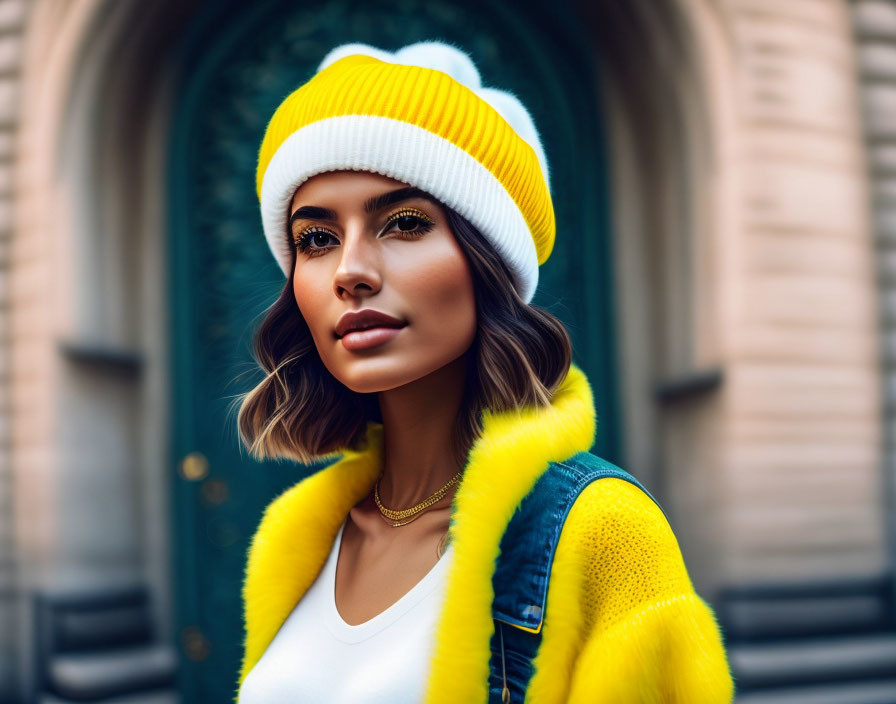 Confident woman in yellow beanie and coat poses against ornate doorway