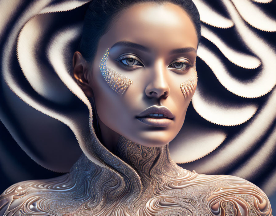 Digital artwork featuring woman with metallic patterns against swirling backdrop