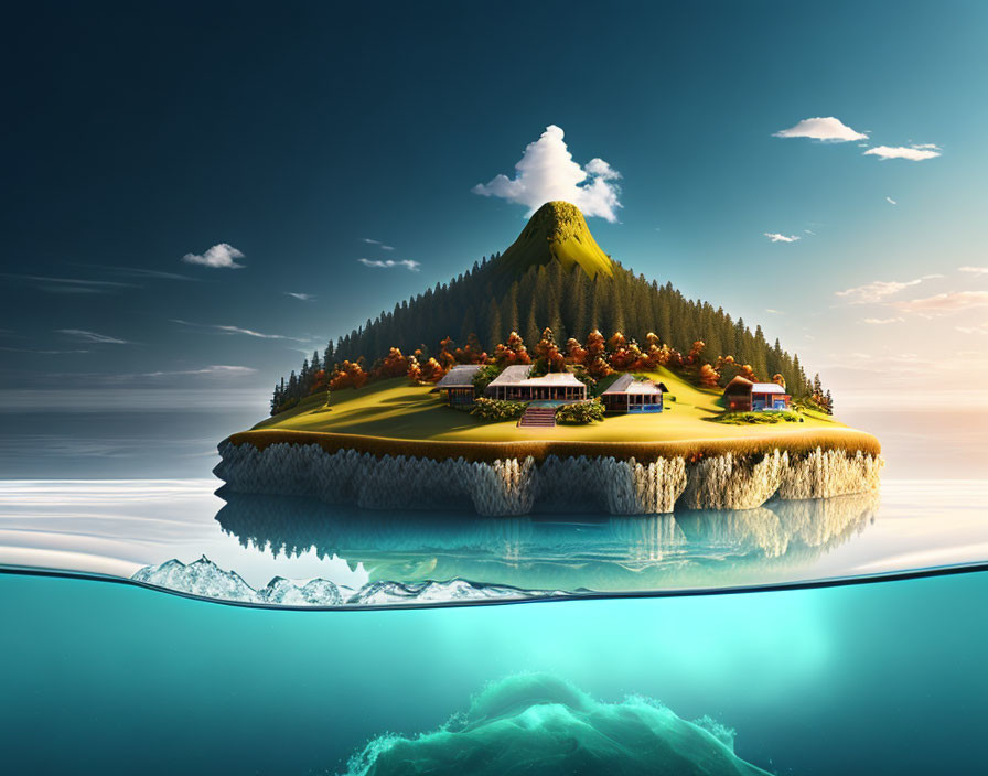 Mountainous floating island above underwater scene with icebergs