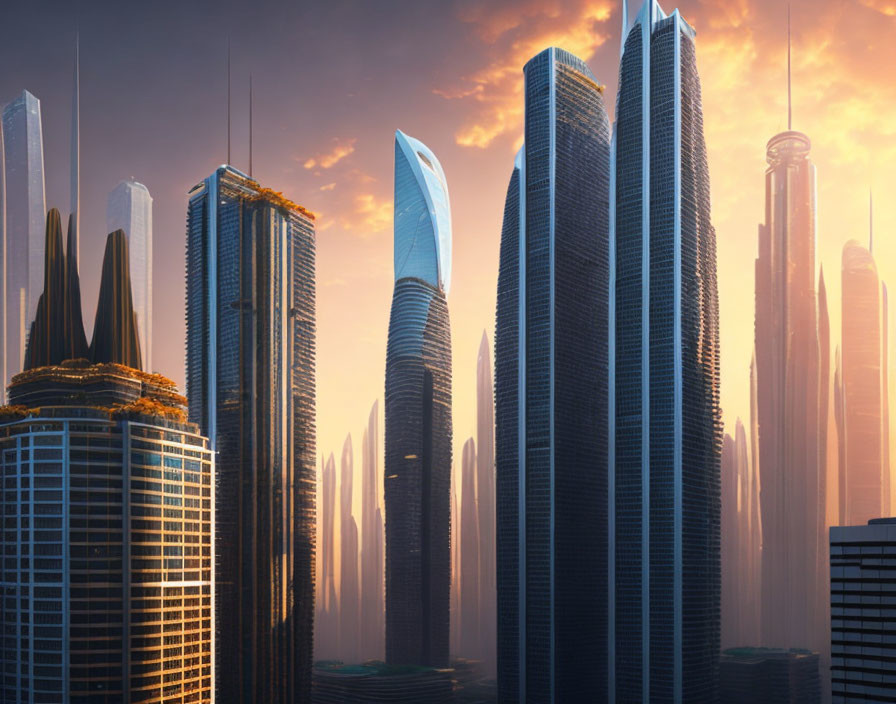 Futuristic cityscape with towering skyscrapers at sunset