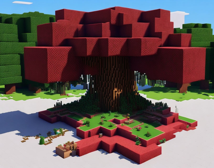 Pixelated Minecraft-style tree with thick trunk and red foliage in blocky green landscape