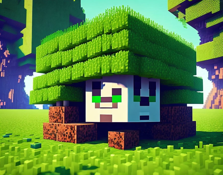 Pixelated sheep character with grass block body in vibrant landscape