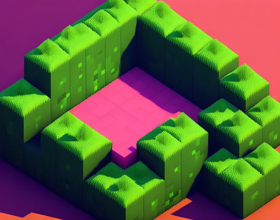 Isometric maze artwork with green hedges on purple and orange background.