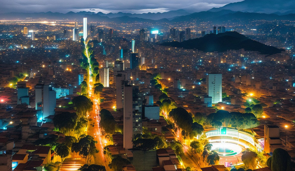 Cityscape at Night: Illuminated Buildings, Streets, and Roundabout with Mountain Backdrop