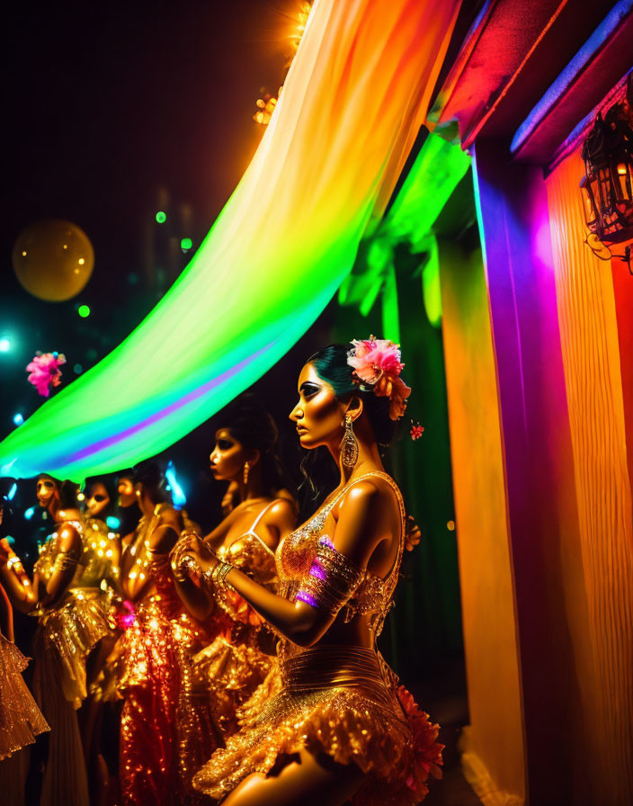 Woman in Sparkling Golden Costume and Pink Floral Headpiece Standing Thoughtfully Under Vibrant Lights