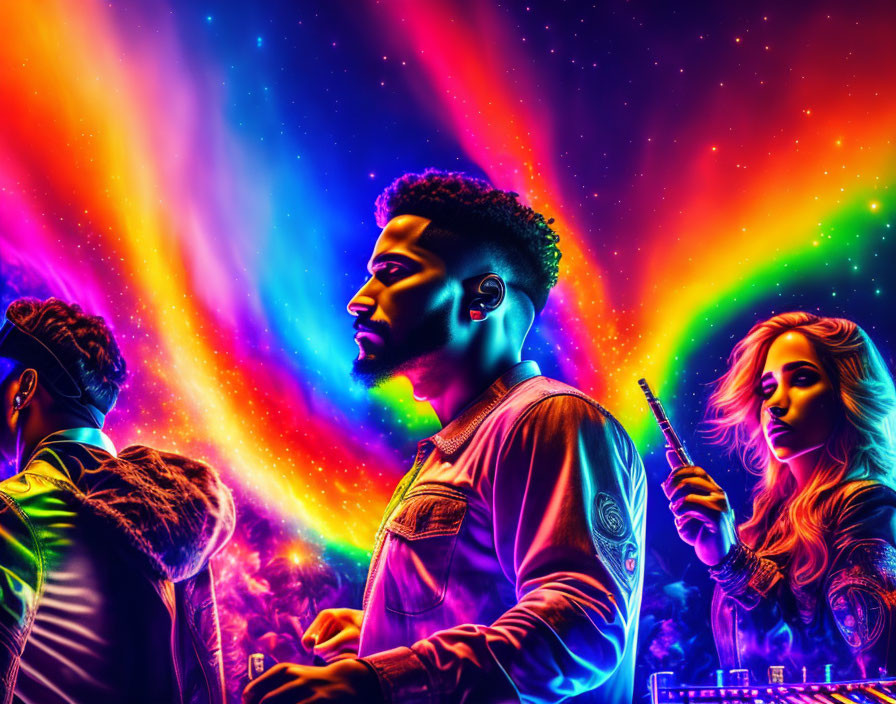 Colorful Psychedelic Portrait with Three People in Vibrant Rainbow Setting