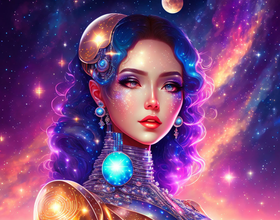 Futuristic woman with cosmic features and nebula-like hair.