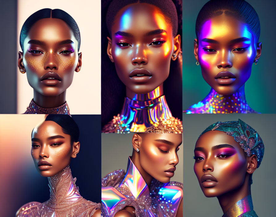 Six artistic portraits of a woman with striking makeup and futuristic accessories under colorful lighting