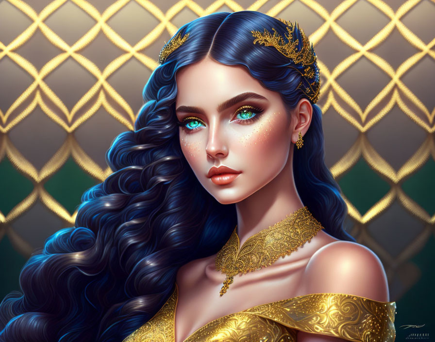 Detailed Illustration: Woman with Blue Hair, Green Eyes, Golden Crown, and Geometric Background