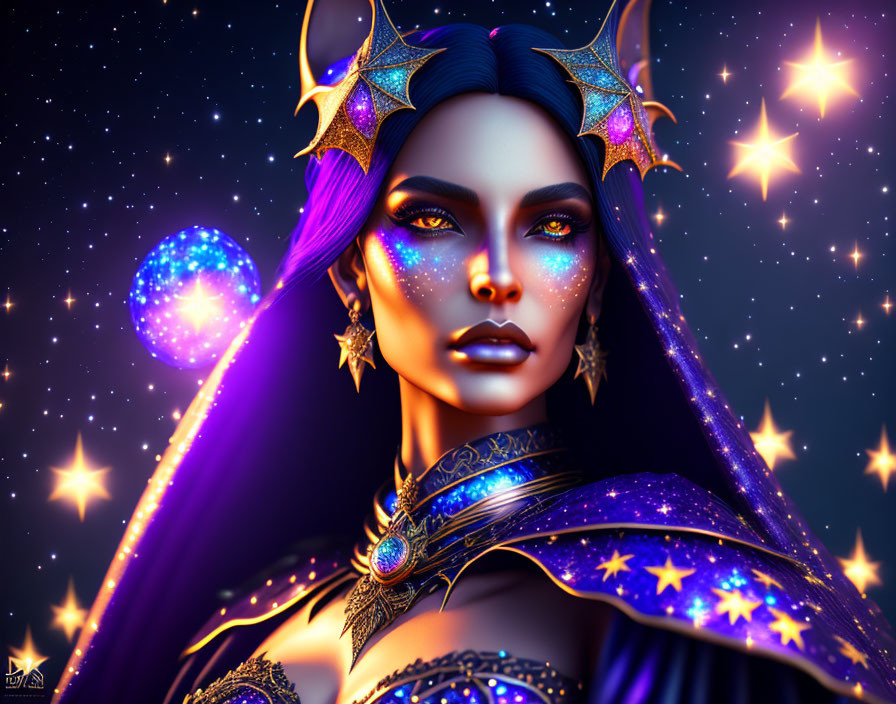 Fantasy portrait of a woman with blue skin and cosmic attire