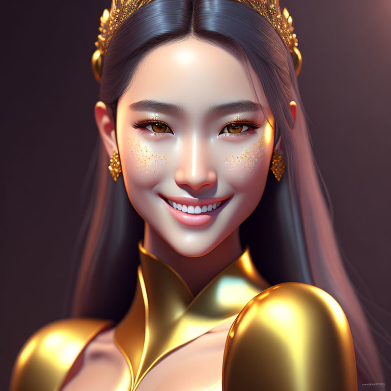 Smiling woman with golden crown and high-collared outfit on dark background