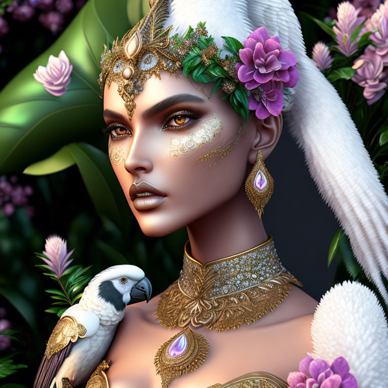 Fantasy woman portrait with golden jewelry, flowers, and parrot in floral setting