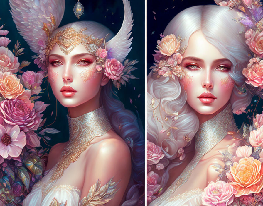 Ethereal women with floral adornments in vibrant digital artwork