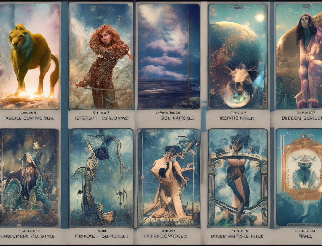 Artistic tarot cards with mythical figures, animals, and celestial elements.