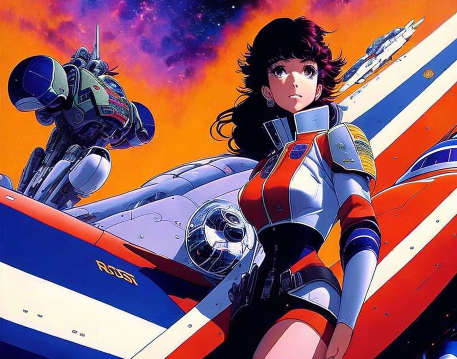 Dark-Haired Female Anime Character in Futuristic Suit with Robot and Speedy Background