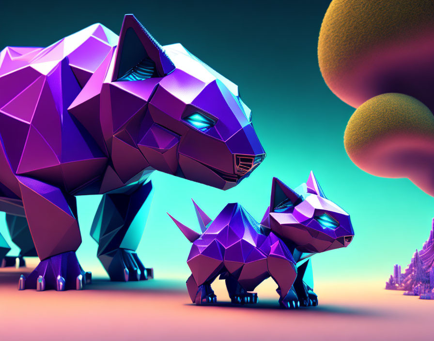 Large Purple Bear and Cub in Low-Poly Art Style with Colorful Backdrop