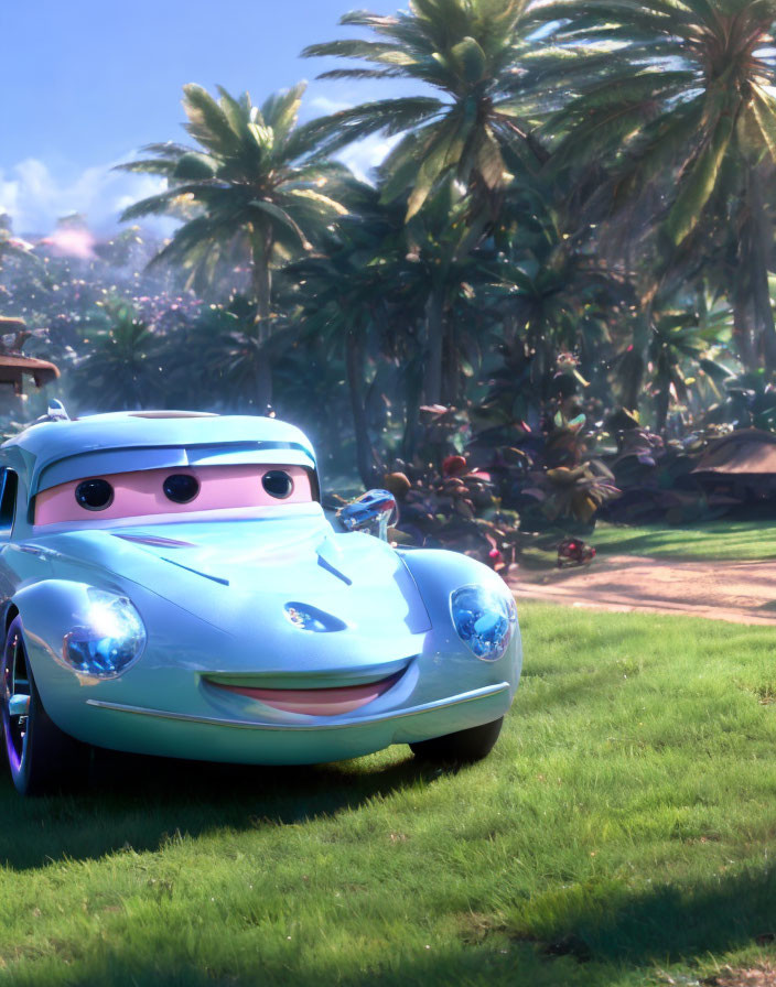 Vintage Light Blue Car with Eyes in Sunny Tropical Scene