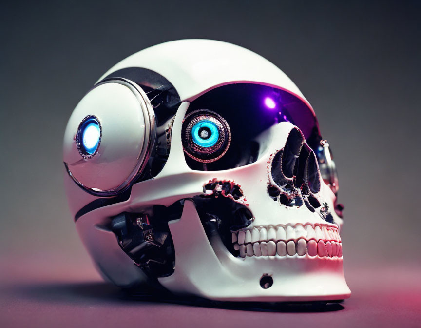 Robotic skull with blue eye on purple background