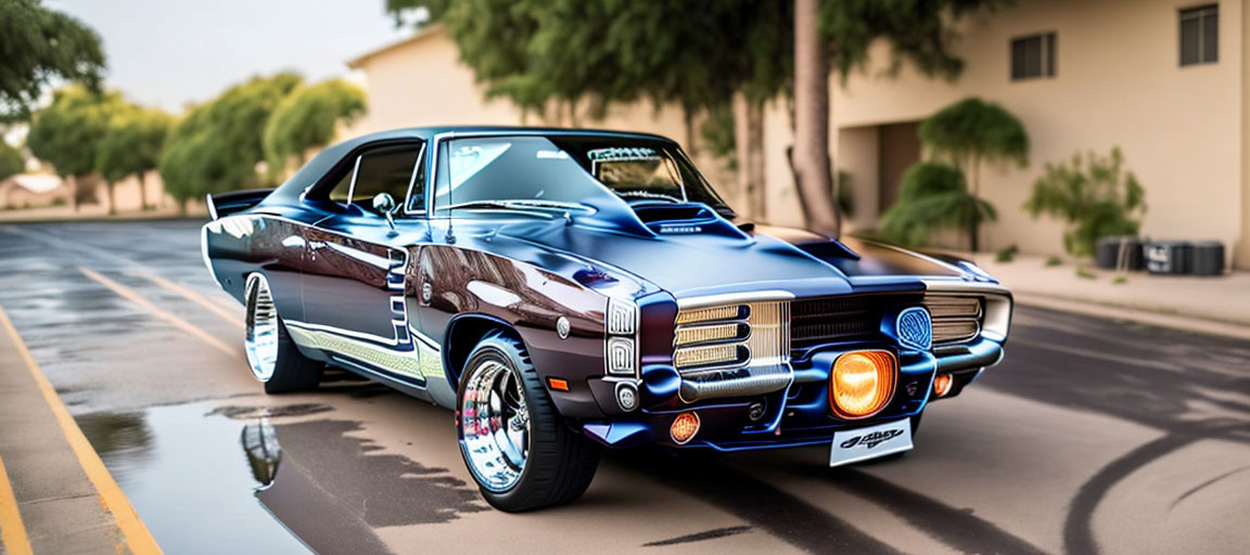 Classic Blue Muscle Car with Chrome Wheels on Wet Street Reflecting Buildings and Trees