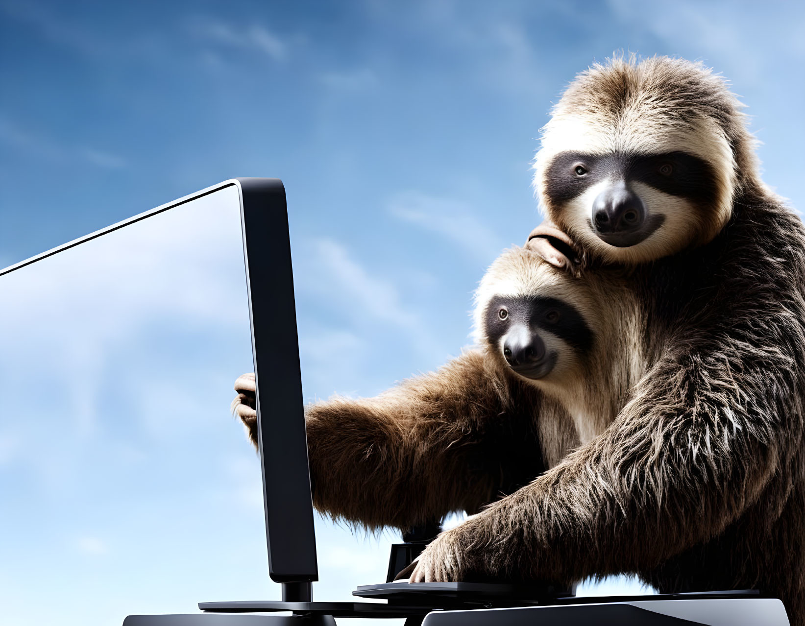 Sloth with baby on back reaching for screen on modern desktop