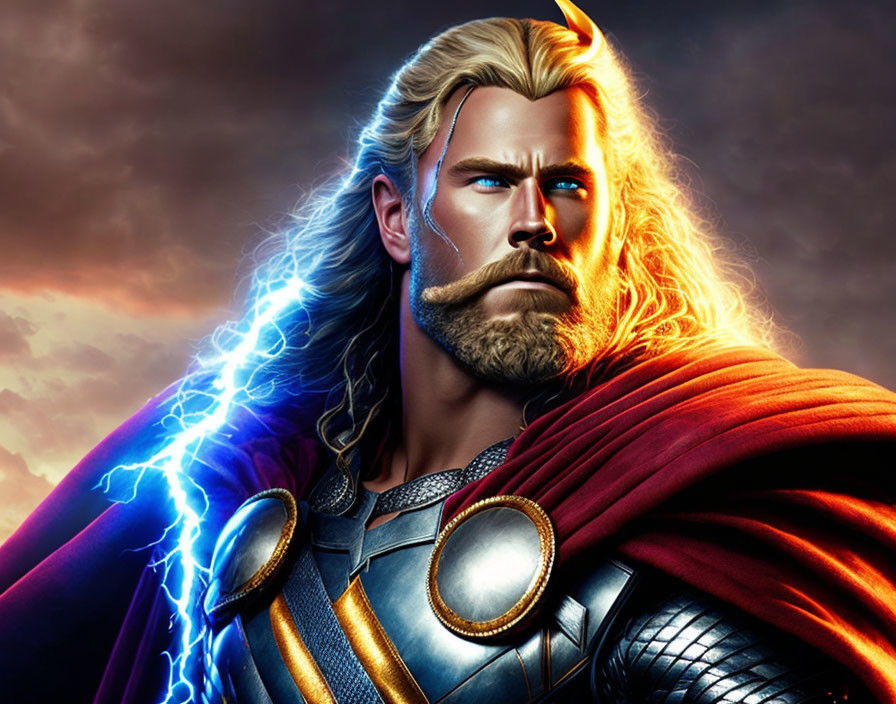 Muscular superhero with blonde hair and lightning, in red cape and armor, against stormy sky.